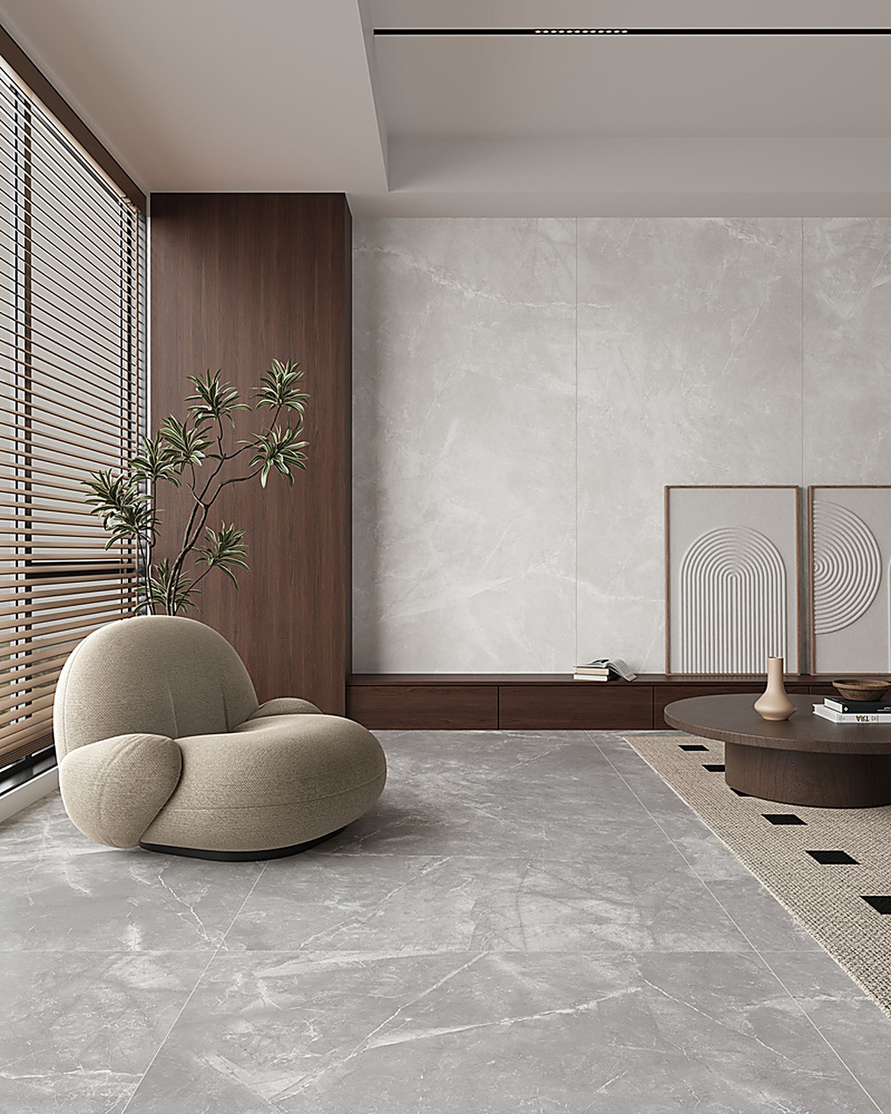 Amani Grey XXL slab toegepast in een interieur