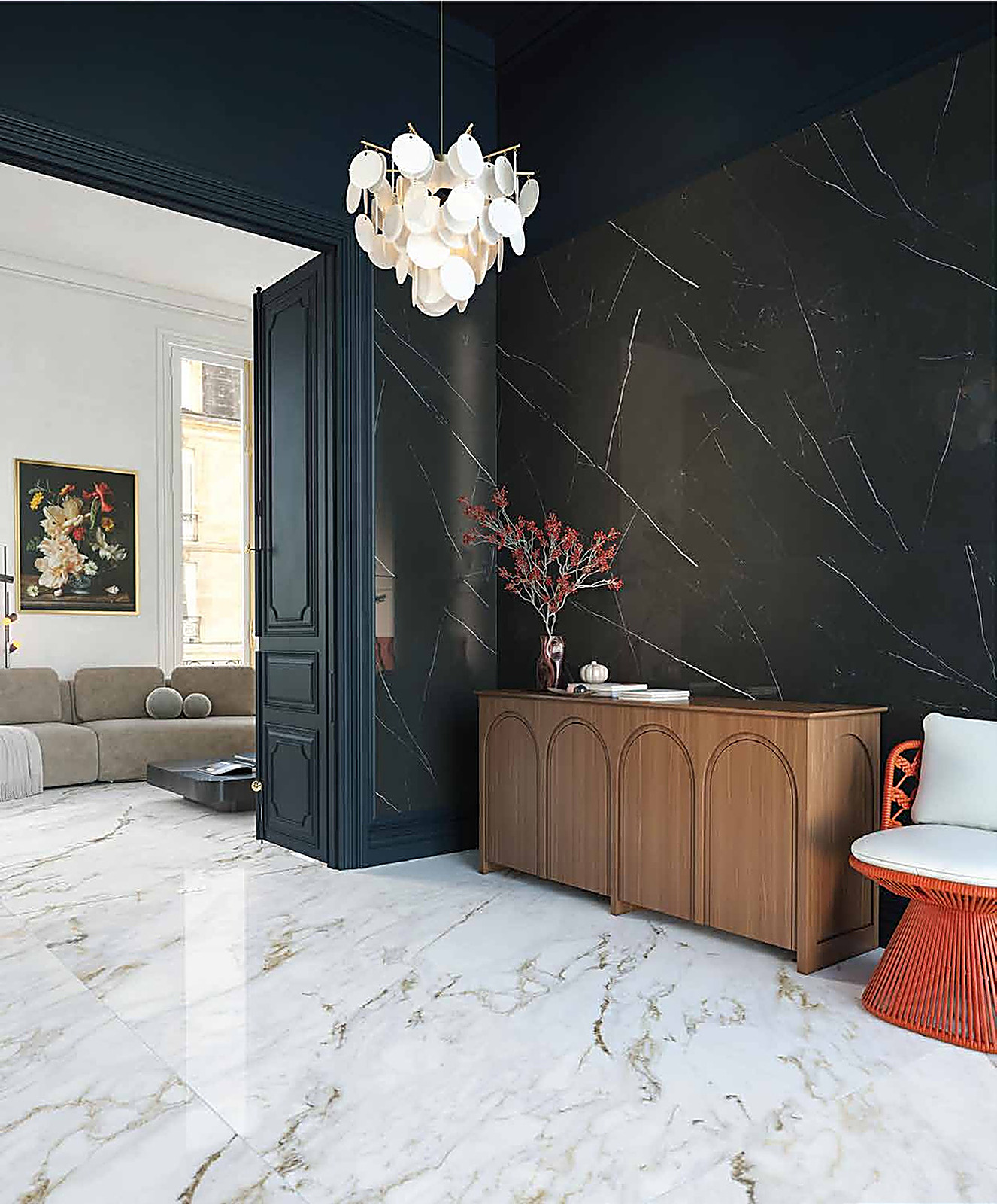Pietra Nero XXL slab toegepast in een interieur