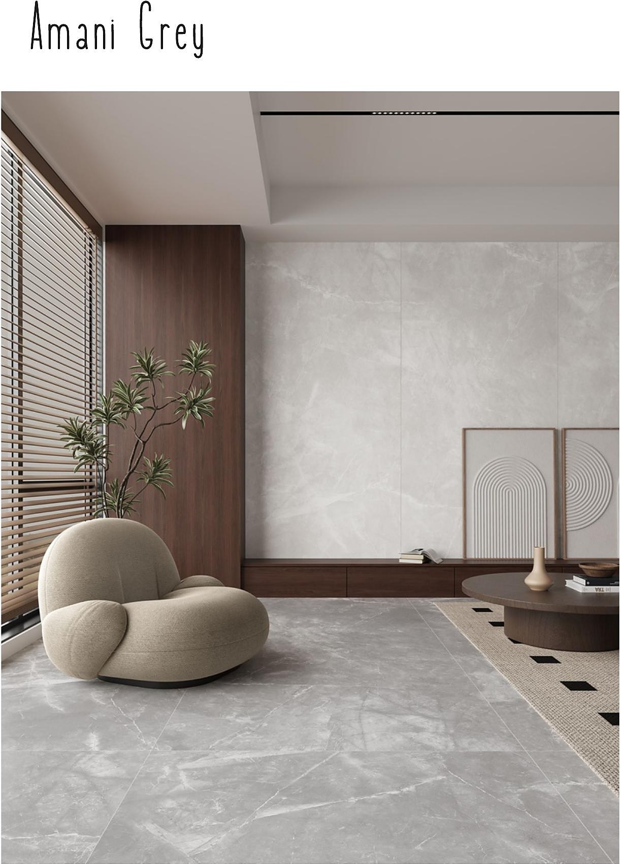 Amani Grey XXL slab toegepast in een interieur