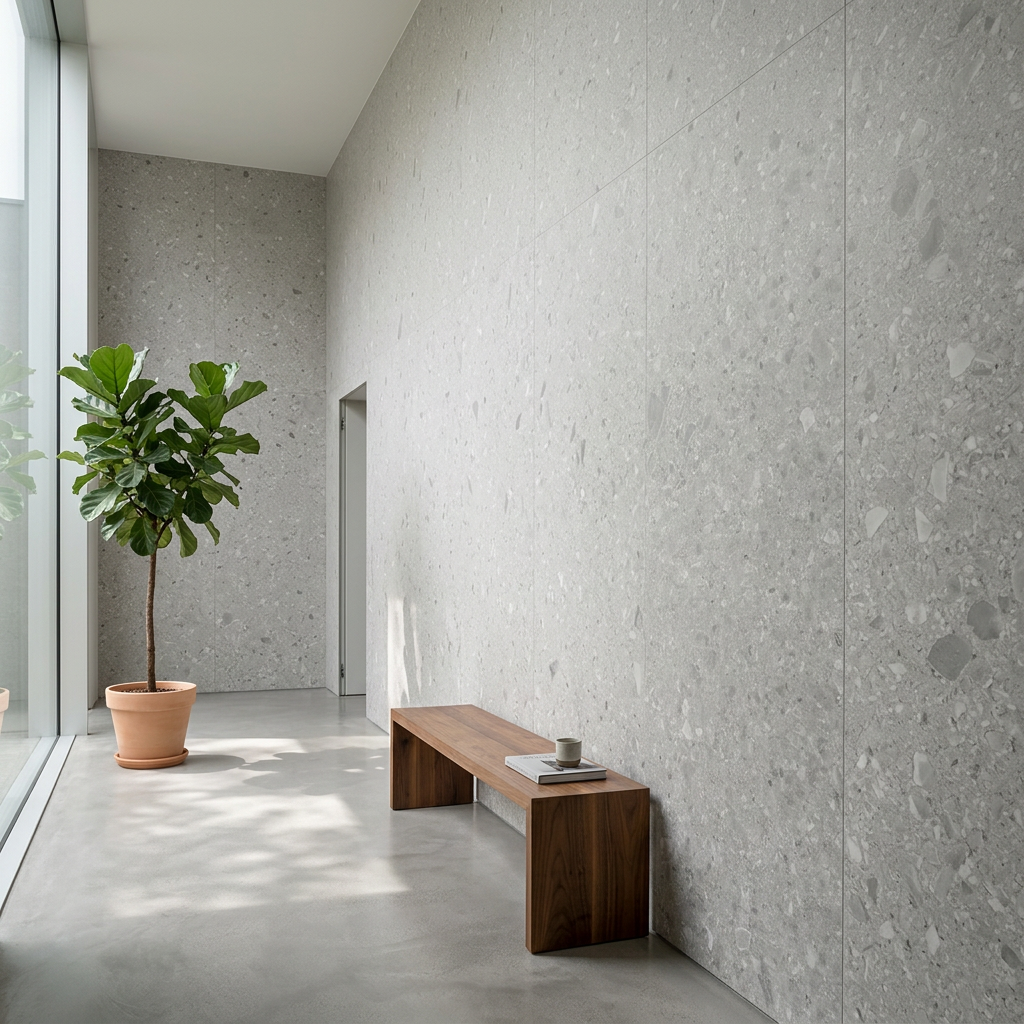 Pietra Di Gre XXL slab toegepast als wandafwerking in een interieur